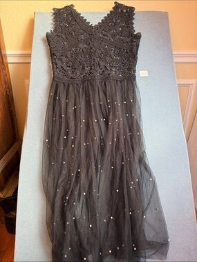 Women Black Lace & Tulle Party Dress with Pearl Detail